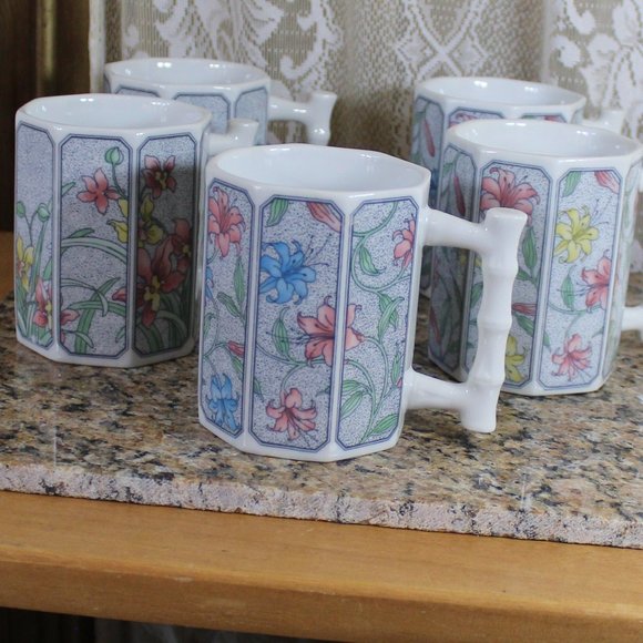 Five Takahashi Vintage Floral Vine Octagonal Cups-KL1B - Picture 3 of 6
